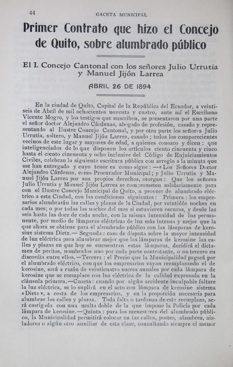 Gaceta 1937, Nº 86, Primero Contrato que hizo el Concejo de Quito, sobre alumbrado público.